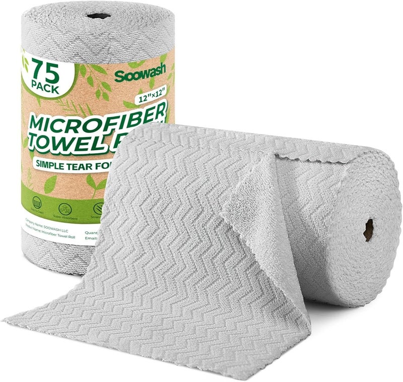 SOOWASH Microfiber Cleaning Cloths Roll, 75 Pack Tear Away Microfiber Towels Roll, 12" x 13" Lint Free Rags, Reusable Cleaning Cloths, Washable, Scratch Free,Ultra Absorbent Dish Rags(Grey Ripple) - Image 1